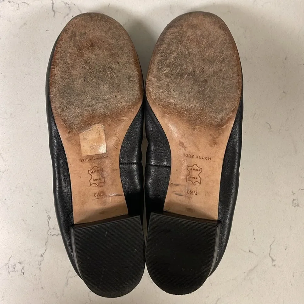 Tory Burch Benton 2 Nappa Leather Shoes Size 6.5 Black Leather Ballet Style